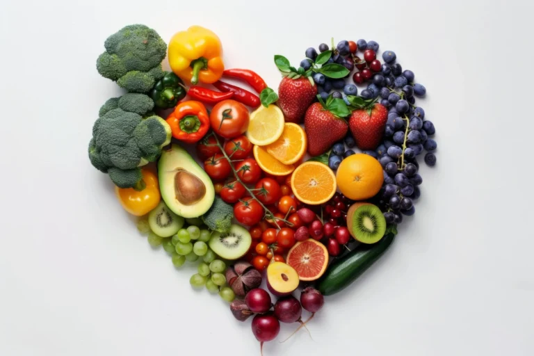 heart-shaped assortment of fresh fruit and vegetables