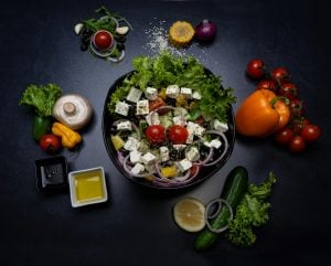 Assortment of vegetables, fruits, and foods in the Mediterranean diet