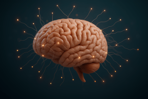 three-dimensional illustration of brain and electrical impulses