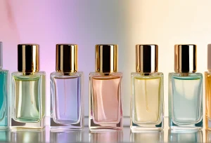 variety of colorful perfumes in glass bottles on table